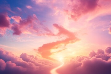 Fototapete - A winding path cuts through soft clouds, illuminated by a bright light in the distance, creating an ethereal atmosphere that encourages introspection and exploration