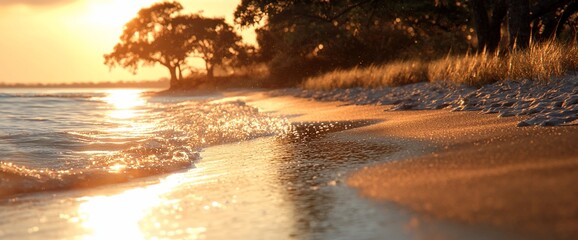 Wall Mural - Golden sunset over tranquil beach with gentle waves washing ashore.