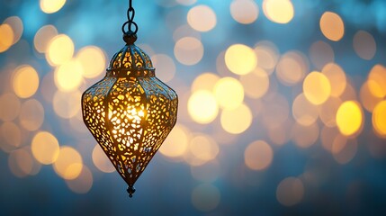 Wall Mural - Intricate metal lantern glows against a bokeh background.