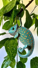 Wall Mural - A colorful chameleon hanging onto a branch with vivid hues of blue and green, blending seamlessly with its environment, all set against a stark white background