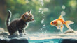 © John - Playful kitten and curious goldfish sharing a moment of connection AI Generated