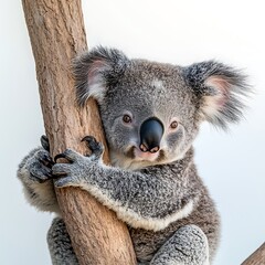 Sticker - A cute baby koala hugging a tree branch, its round ears and wide eyes enhancing its adorable features, all set against a minimalist white backdrop