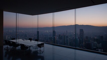 Poster - Sleek conference room features a glass table and ergonomic chairs, illuminated by soft natural light through expansive windows overlooking the city skyline at dusk