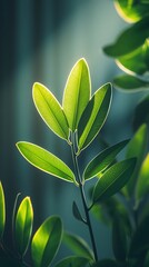 Wall Mural - Sunlit green leaves close-up.