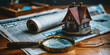 © Svetlana Leuto - a real estate company, old newspapers, magnifying glass, figurine of a small house on a table, retro vintage style, the concept of finding housing for rent and purchase