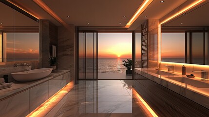 Poster - Modern bathroom, ocean sunset view, illuminated, relaxing ambiance