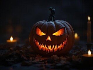 Poster - a carved Halloween pumpkin with a glowing, menacing face, surrounded by candles that cast a warm, orange glow, creating a spooky and festive atmosphere.