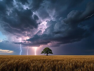 Poster - a dramatic stormy landscape with dark, ominous clouds and lightning bolts striking the horizon. A solitary tree stands in the center of a field, creating a stark contrast against the turbulent sky.