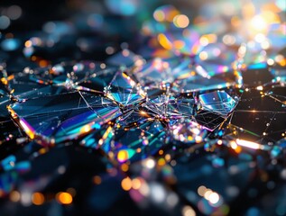 Aufkleber - a close-up view of a cracked glass surface with colorful reflections and light effects, creating a vibrant and dynamic visual impact.