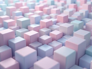 Poster - a 3D render of a collection of pastel-colored cubes arranged in a grid-like pattern, giving a sense of depth and perspective.