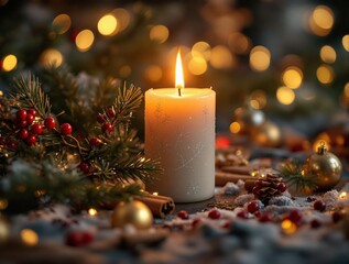 Poster - a beautiful Christmas scene with a lit white candle surrounded by festive decorations such as berries, greenery, and small lights, creating a cozy and festive atmosphere.