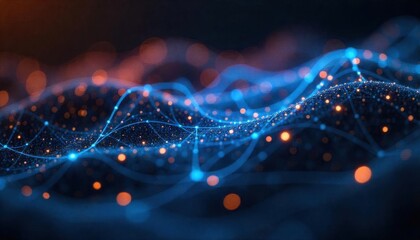 Poster - Abstract Flowing Data Visualization with Glowing Particles and Dynamic Wave Pattern