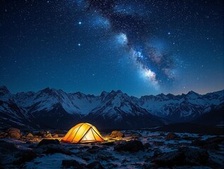 Poster - a campsite set up in a mountainous landscape under a starry night sky. There is a yellow tent with a circle partially visible, and the Milky Way can be seen stretching across the sky.