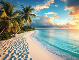 Poster - a beautiful beach scene with palm trees, white sand, and crystal-clear blue water. The sky is partially cloudy with a mix of blue and white clouds, and the sun is setting, casting a warm glow over the