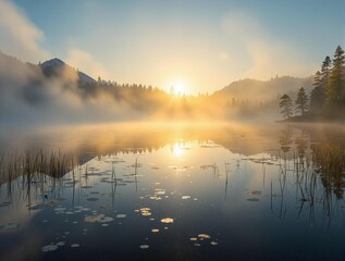 Poster - serene lakeside scene with a misty sunrise, reflecting the tranquil beauty of nature. The calm water mirrors the sky and surrounding forest, creating a peaceful ambiance.