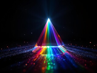 Aufkleber - a vibrant display of light projection, with a triangular prism in the center from which various colored lights are beamed outwards, creating a spectacular visual effect.