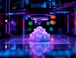 Aufkleber - a 3D printer in action, with the printer head positioned above a geometric, pink and purple object on a reflective surface. The background is dark with a bokeh effect of colorful lights, giving the sc