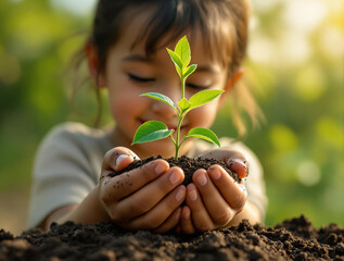 Poster - A young girl is holding a small plant with soil in her hands, surrounded by greenery in the background.