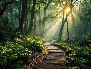 Aufkleber - a serene forest scene with a sunbeam shining through the trees, casting a warm glow on the winding path and surrounding foliage.