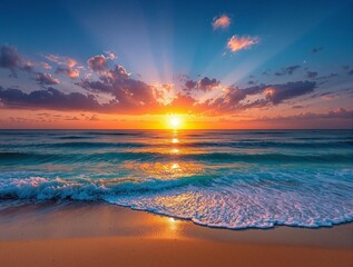 Aufkleber - a beautiful sunset over the ocean, with the sun setting low on the horizon, casting a warm glow over the water and clouds. The sky is filled with vibrant colors, and the waves gently lap at the shore,