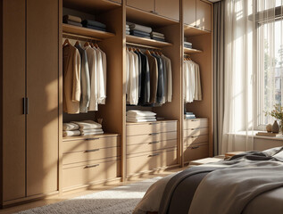 Poster - a modern bedroom with a wooden wardrobe featuring multiple shelves, drawers, and hanging compartments. The wardrobe is well-organized with neatly arranged clothes and storage items.