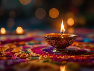 Poster - a close-up of a small, lit diya (oil lamp) placed on a colorful rangoli design on the ground, surrounded by blurred lights in the background.