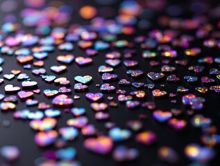 Poster - a close-up of small, colorful particles scattered across a dark background. The particles appear to be made of a reflective material, giving them a rainbow-like appearance.