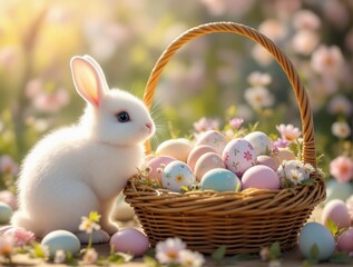 Poster -  a cute white bunny sitting beside a basket filled with colorful Easter eggs in a garden setting with blooming flowers.