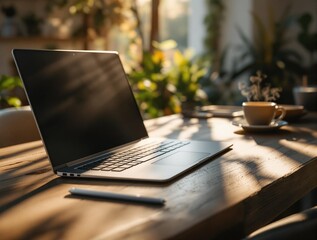 Poster - outdoor setting with a wooden table covered with a laptop, pen, and a cup of coffee, surrounded by potted plants and sunlight filtering through the leaves.