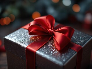 Poster - a close-up of a silver gift box adorned with a red ribbon and bow, set against a blurred background with bokeh effect, likely indicating festive lights.