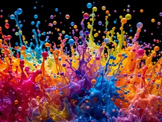 Aufkleber - a vibrant splash of colorful paint against a black background, with drops and splatters of red, blue, yellow, and green paint creating a dynamic and lively scene.