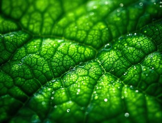 Fototapete - a close-up of a vibrant green leaf, showing its detailed vein structure and water droplets on its surface.