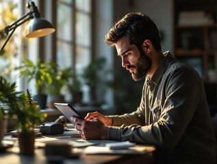 Poster -  a man with a beard sitting at a desk in his home office, using a tablet computer. The room has a warm ambiance with natural light coming from a window, and there are some plants and a lamp on the des