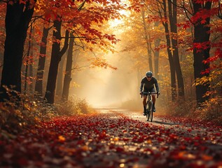 Aufkleber - a cyclist riding down a leaf-strewn path in a forest during autumn, with the trees in the background displaying vibrant fall colors.