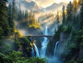 Poster - a picturesque scene of a misty forest with a bridge crossing over a waterfall, surrounded by lush greenery and mountains in the background.