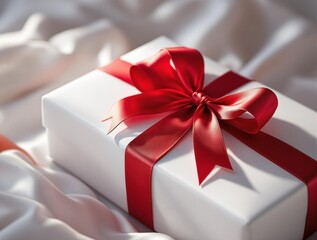 Poster -  a white gift box adorned with a red ribbon and bow, resting on a textured, light-colored fabric background.