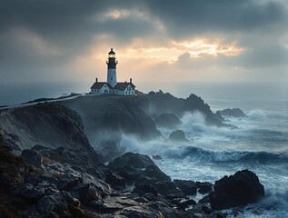 Aufkleber - a lighthouse situated on a rocky coast during a stormy weather, with turbulent waves crashing against the cliffs.