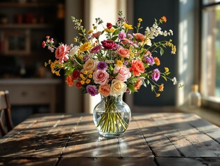 Aufkleber - a vase filled with a bouquet of colorful flowers, placed on a wooden table in a well-lit room. The flowers include various colors and types, creating a vibrant and visually appealing arrangement.