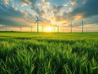 Poster - serene agricultural landscape at sunset, with vibrant green crops in the foreground and wind turbines in the distance, illustrating a blend of traditional farming and modern renewable energy.
