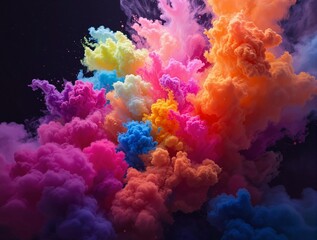 Aufkleber - an abstract scene of vibrant, colorful smoke or powder floating against a dark background, creating a striking visual effect.