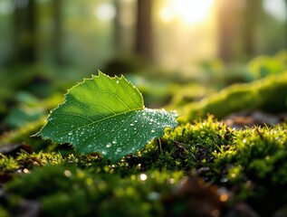 Fototapete - a close-up of a green leaf with droplets of water on it, placed on a bed of green moss in a forested area. The sunlight filters through the trees, casting a warm glow and creating a serene atmosphere.