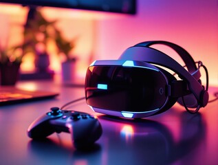 Aufkleber -  a virtual reality (VR) headset and a controller placed on a surface, surrounded by a pink and purple glow. There is also a laptop in the background.