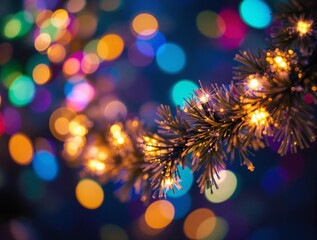 Aufkleber - a close-up of a lit-up Christmas tree branch, with colorful lights and a blurred, bokeh background of warm, glowing colors, creating a festive and cozy atmosphere.
