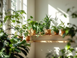 Poster - a wooden shelf filled with various potted plants, with sunlight streaming through a window, casting a warm glow on the scene.