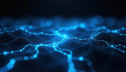 Poster - Abstract Glowing Blue Digital Landscape with Wavy Particle Lines and Dark Background