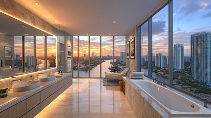 Poster - Modern bathroom, sunset cityscape view, high-rise luxury