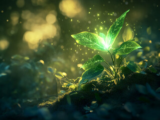 Poster - Magical glowing plant with sparkling particles in a mystical forest setting