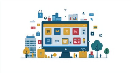 Online shopping platform, e-commerce, city background, secure transactions, website design