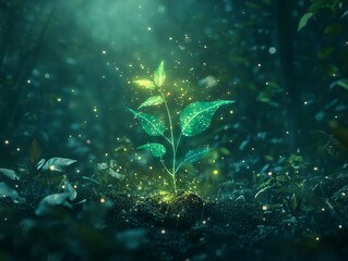 Aufkleber - Glowing magical plant in a mystical forest with shimmering light particles