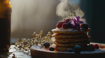 Wall Mural - Steaming pancakes topped with fresh berries, flower, and syrup